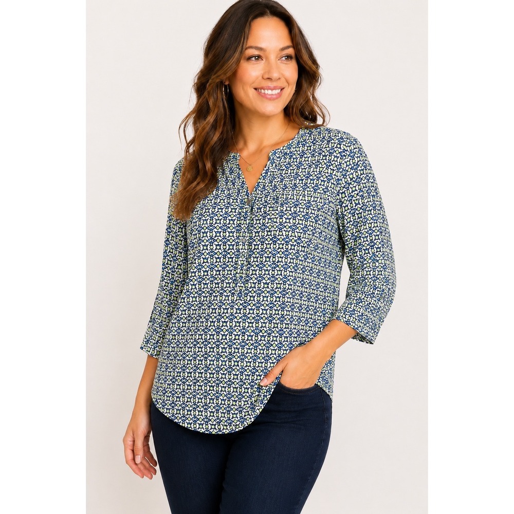 CJ Banks Blue Green Geometric Floral Blouse 3/4 Sleeve Stretch Top XL 1X